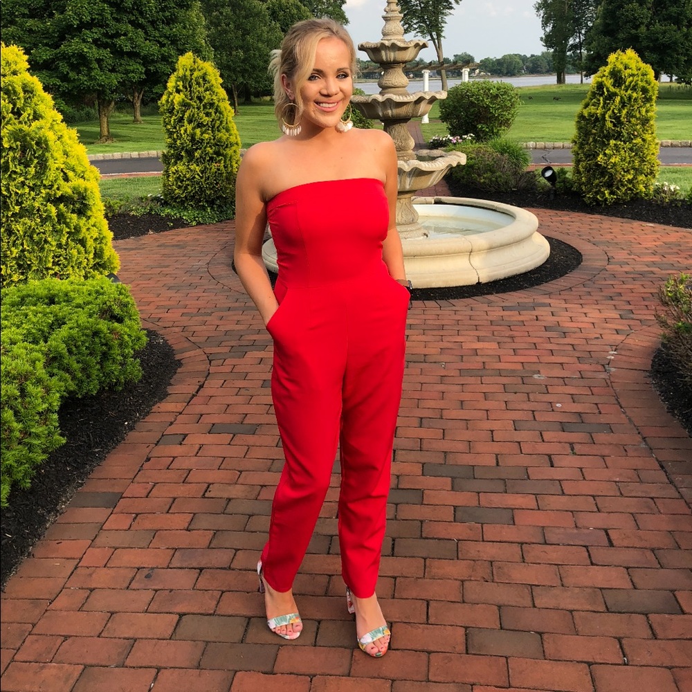 Tobi red strapless jumpsuit